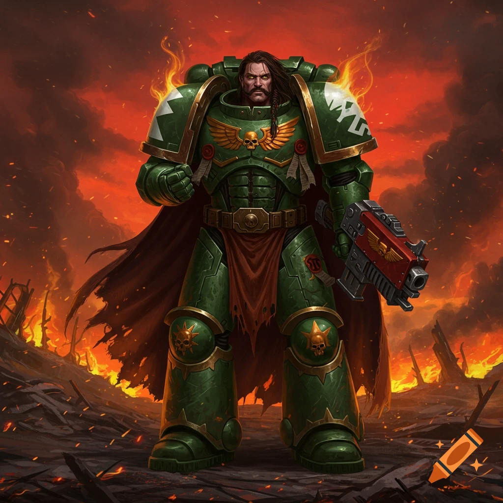 A green armored Space Marine with long dark hair and a mustache stands in a fiery, war-torn landscape, holding a gun.