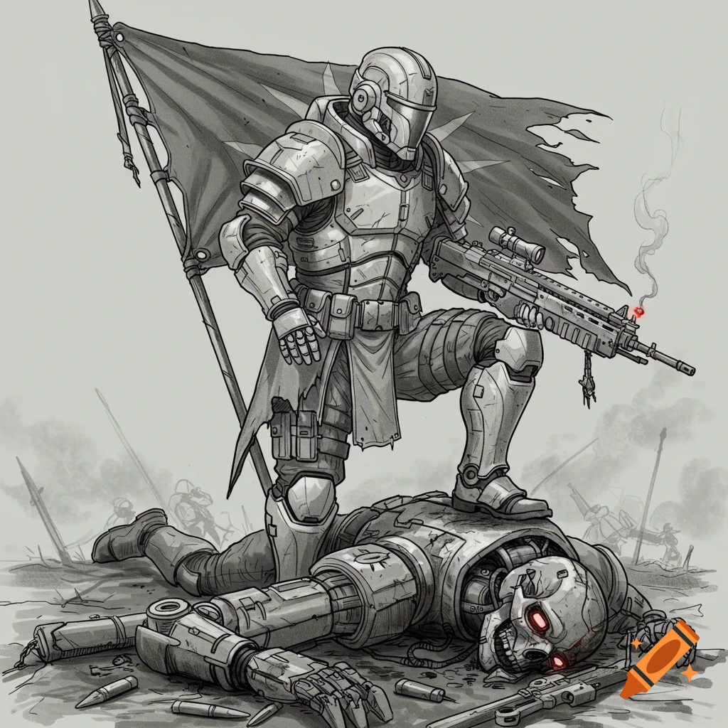A black and grey illustration of a futuristic soldier in armor kneeling on a defeated robot, holding a tattered flag and a smoking rifle on a battlefield.