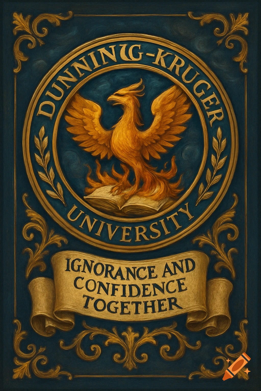 Ornate blue and gold university crest with a phoenix on an open book. Text reads 'Dunning-Kruger University' and 'Ignorance and Confidence Together'.