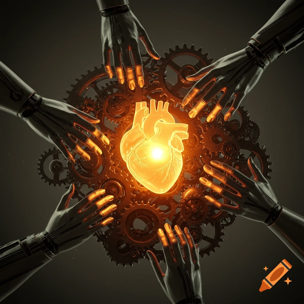 Multiple metallic robotic hands reaching towards a glowing, luminous heart surrounded by intricate gears on a dark background.