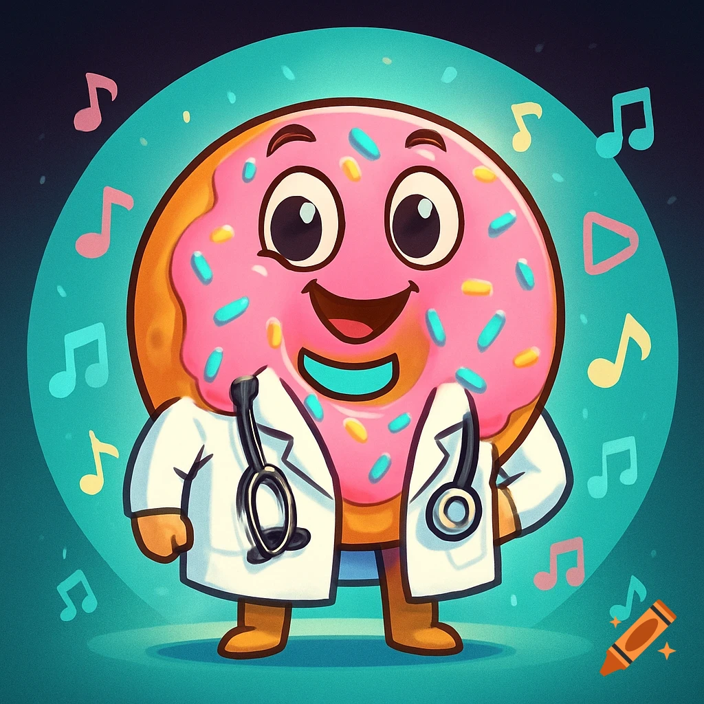 A cheerful cartoon donut character with pink frosting and sprinkles, wearing a white doctor's coat and stethoscope, surrounded by colorful musical notes, on a teal and dark blue background.