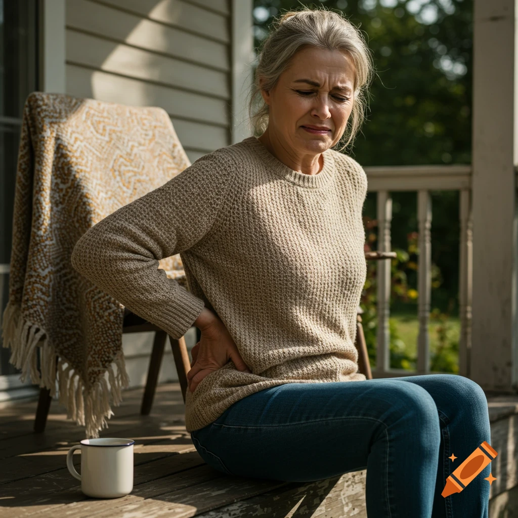 An older woman sits on a wooden porch, clutching her lower back in pain. Photorealistic.