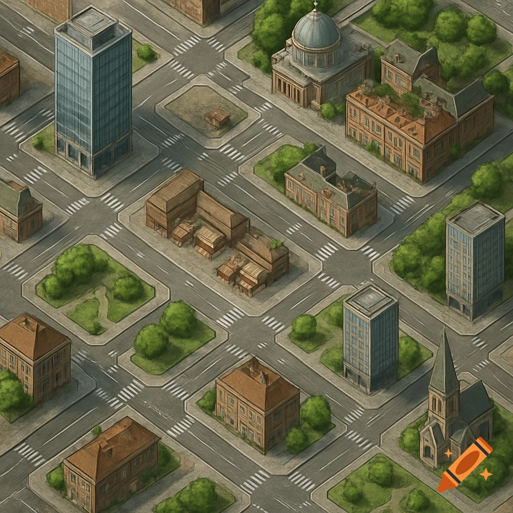 Isometric city map with buildings, roads, and green spaces, in a detailed, drawn style.