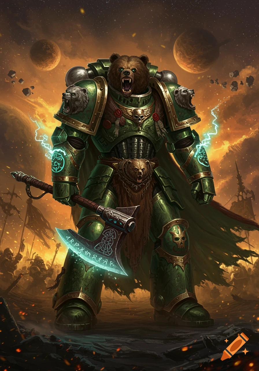 A fierce bear-headed space marine in green armor with bear pelt adornments holds a glowing axe on a battle-scarred alien planet with two moons, in a fantasy sci-fi art style.