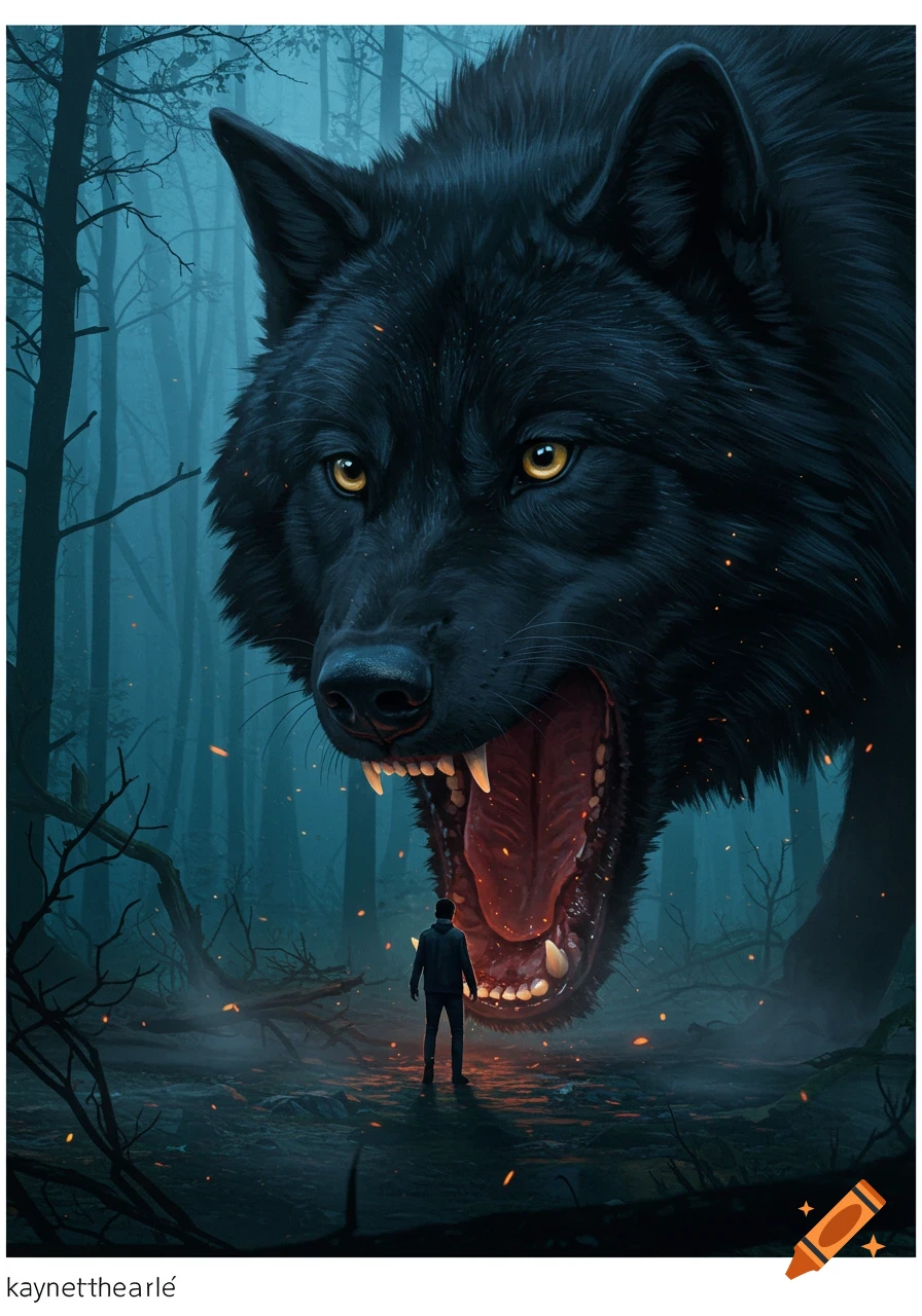 A man stands before the gaping mouth of a giant black wolf in a misty, dark forest, depicted in a digital art style.