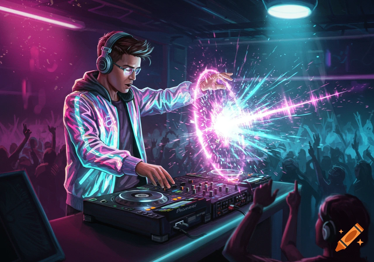 A vibrant digital art illustration of a DJ with headphones creating glowing light effects over a mixer in a neon-lit nightclub.
