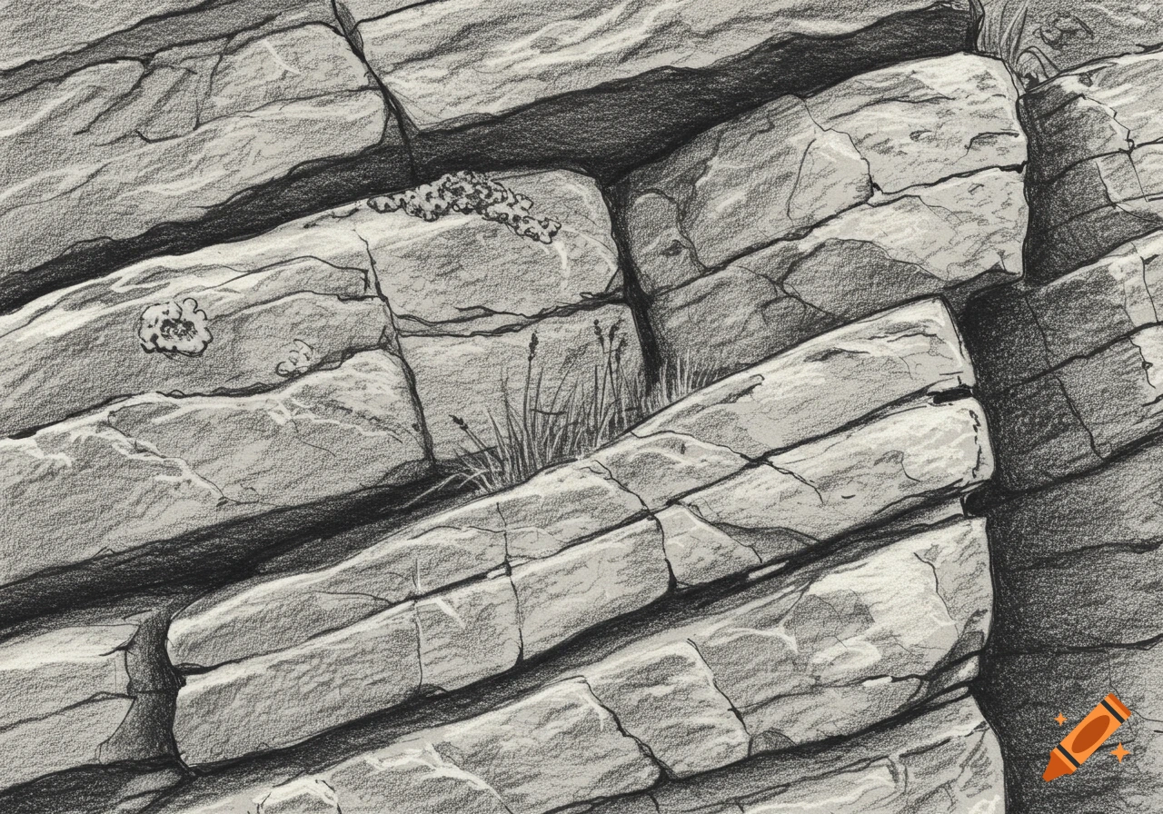 Detailed monochrome sketch of a textured rock formation with stratified layers and small plants growing in crevices.