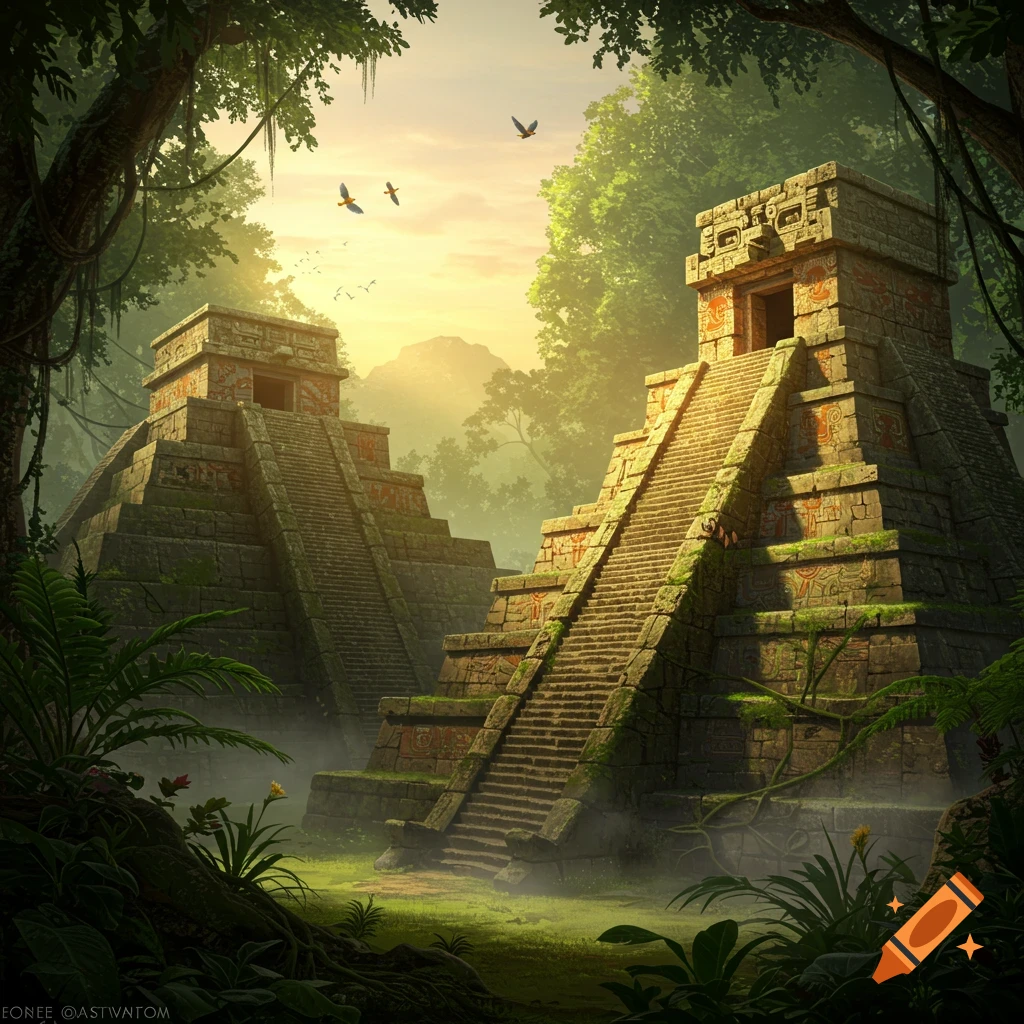 Two ancient Aztec-style pyramids covered in moss and vines within a lush, foggy jungle at sunrise, with birds flying overhead.