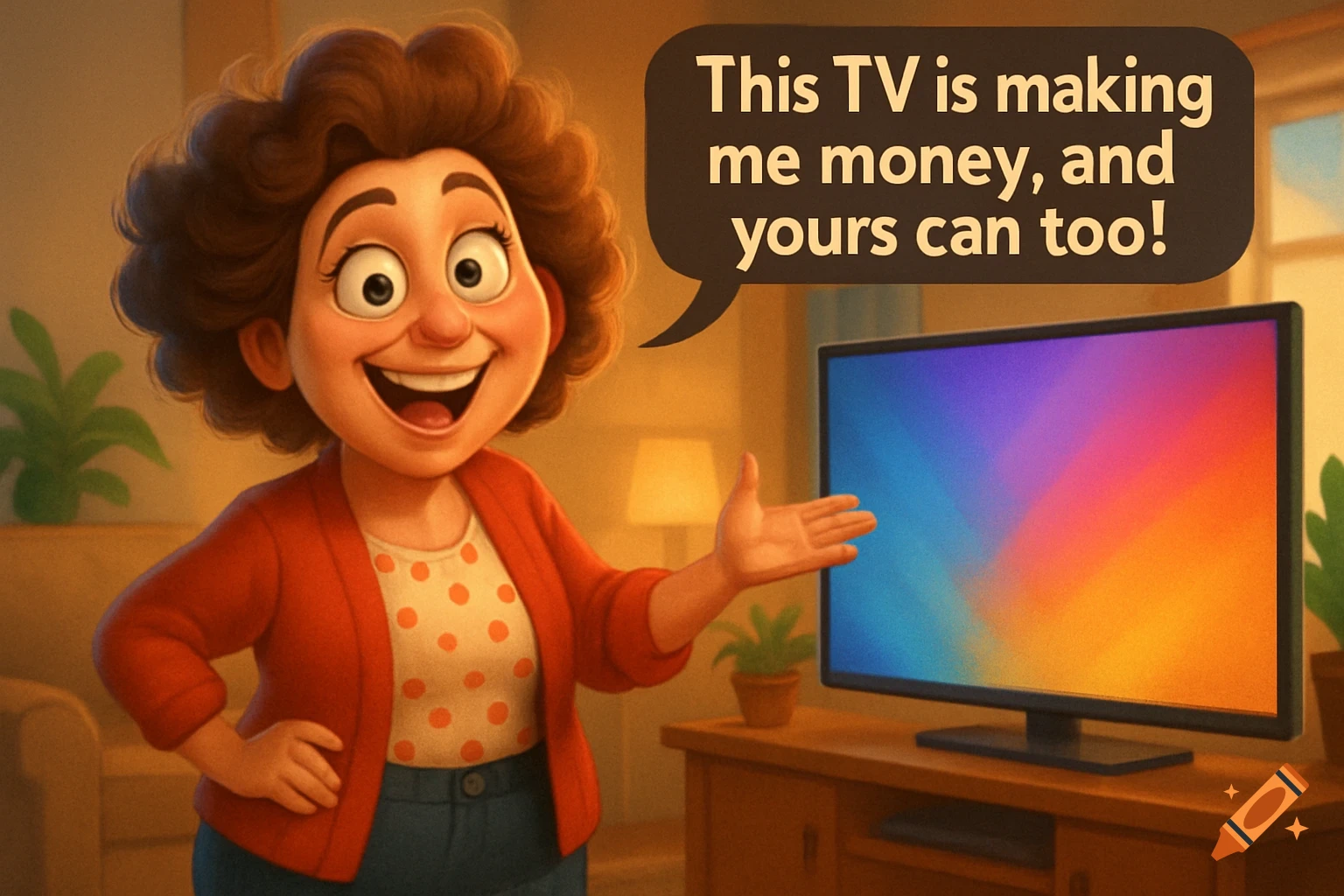 A smiling cartoon woman in a living room points to a TV with a colorful screen, with a speech bubble saying 'This TV is making me money, and yours can too!'
