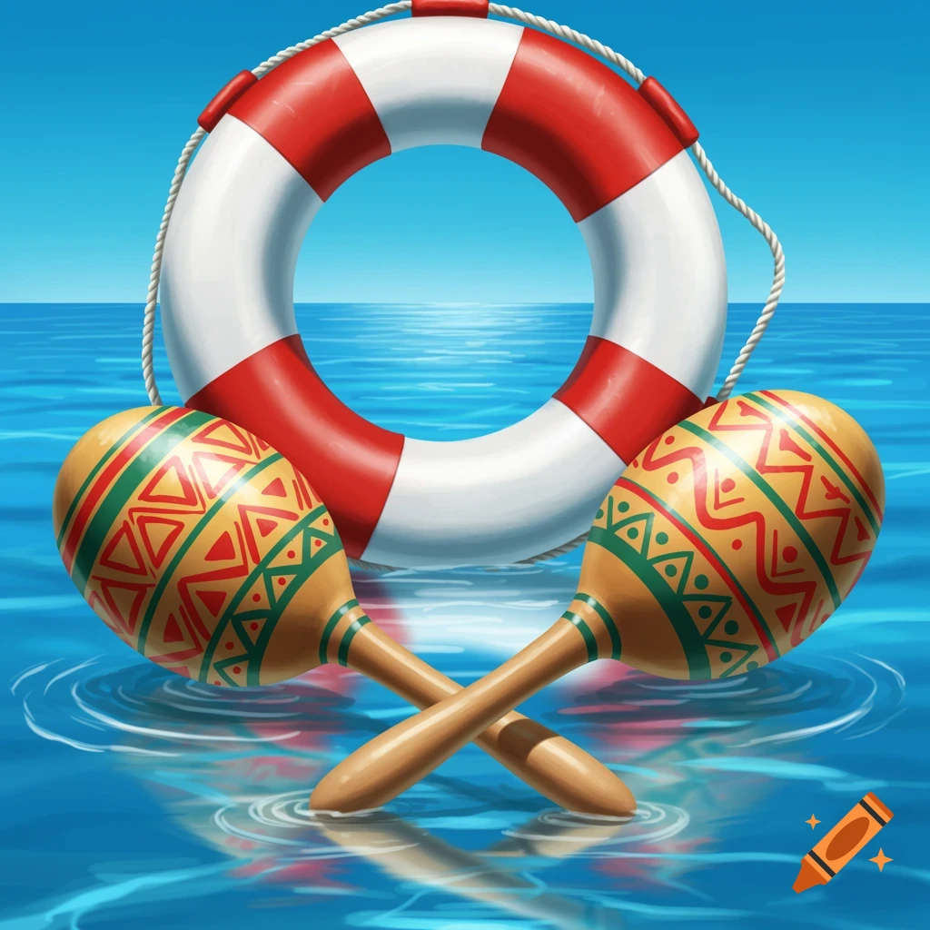 A red and white life ring floats in blue water behind two crossed, patterned maracas creating ripples.