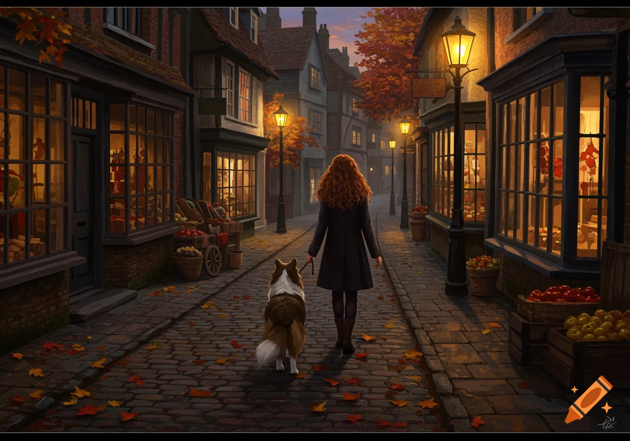 A woman walks a rough collie dog down a cobblestone street lined with illuminated shops in an autumn town at dusk.