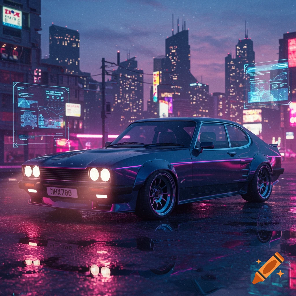A dark blue Ford Capri car with pink neon accents parked on a wet street in a cyberpunk city at night, with glowing holographic displays and city lights reflecting on the ground.
