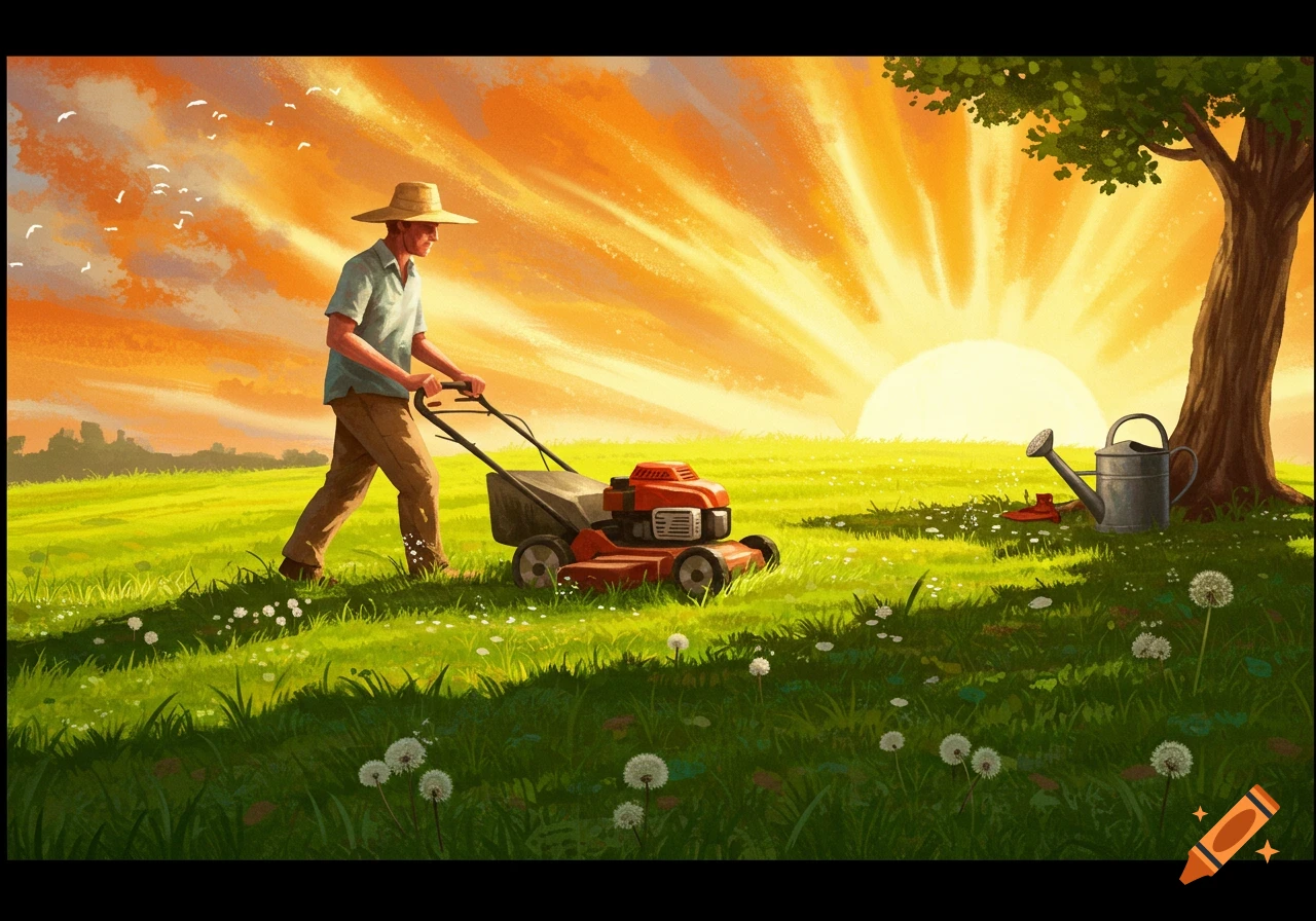 An illustrated man pushes a lawnmower through a grassy field at sunset, with a tree and watering can.