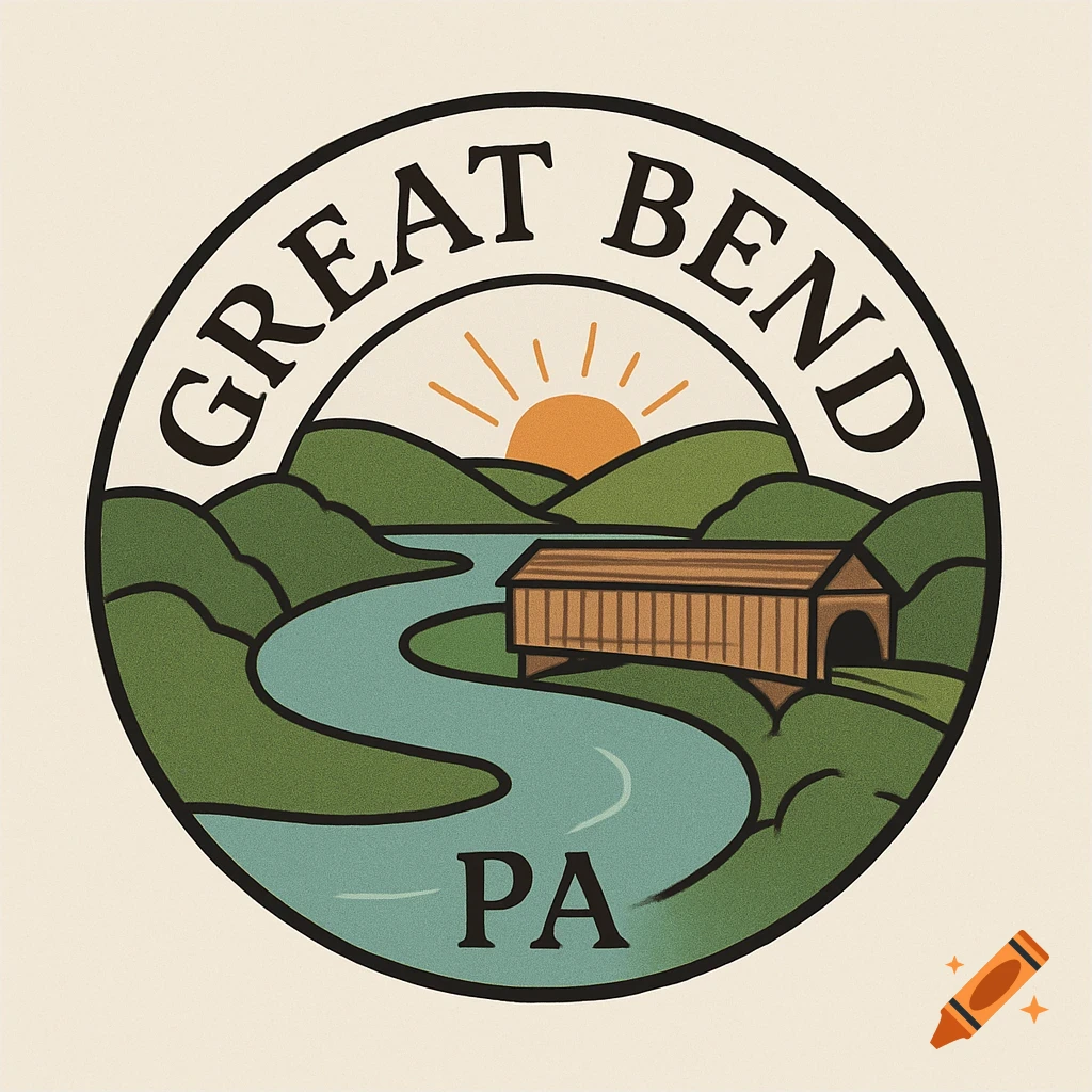 A circular logo featuring green hills, a winding blue river, a brown covered bridge, and a yellow sun with rays. Text reads 'GREAT BEND PA'.