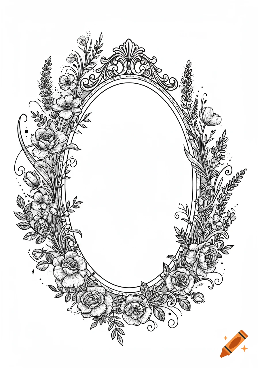 A detailed black and white illustration of an ornate oval frame surrounded by a dense border of blooming roses, wildflowers, and delicate leaves.