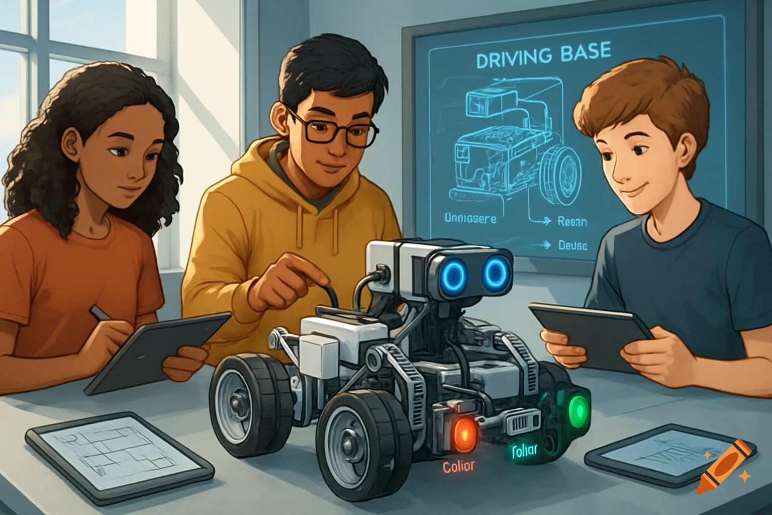 Three diverse students, two boys and one girl, work together to build a robot in a classroom, with tablets and a diagram on a screen.