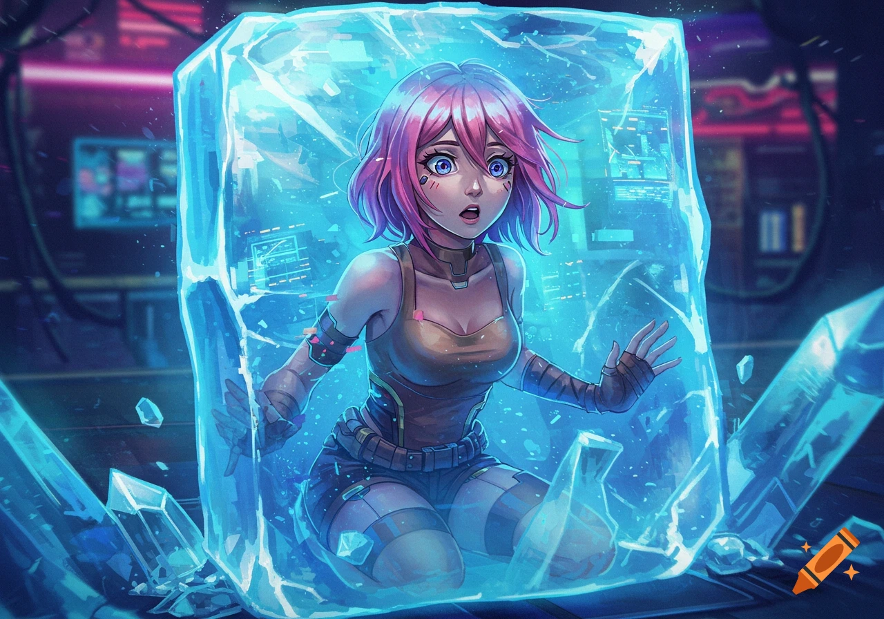 An anime girl with pink hair, wearing a brown top and shorts, is frozen inside a large block of glowing blue ice in a futuristic setting.