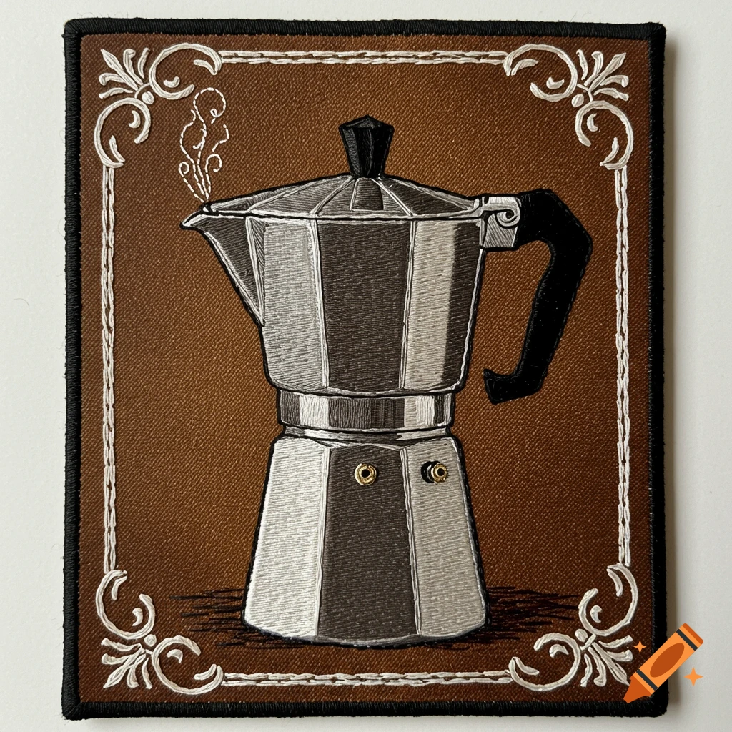 A vintage embroidered patch featuring a silver Italian espresso maker with steam rising, framed by white scrollwork on a brown background.