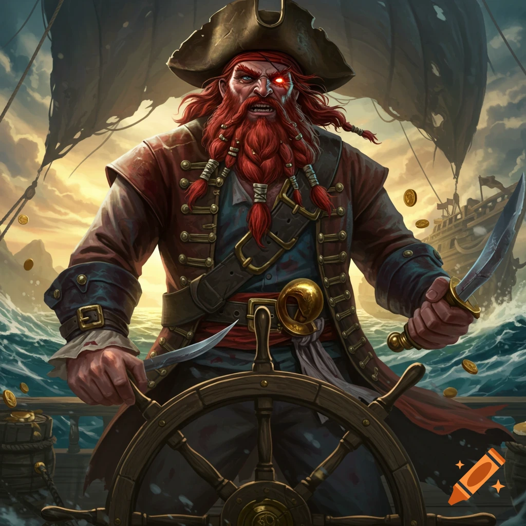 Fierce red-bearded pirate with glowing eyes at a ship's wheel, holding daggers, on a stormy sea at sunset.