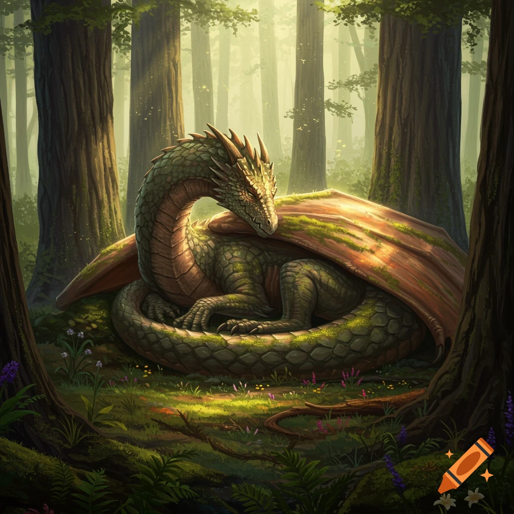 A green dragon sleeps curled up against a mossy log in a sun-dappled forest.