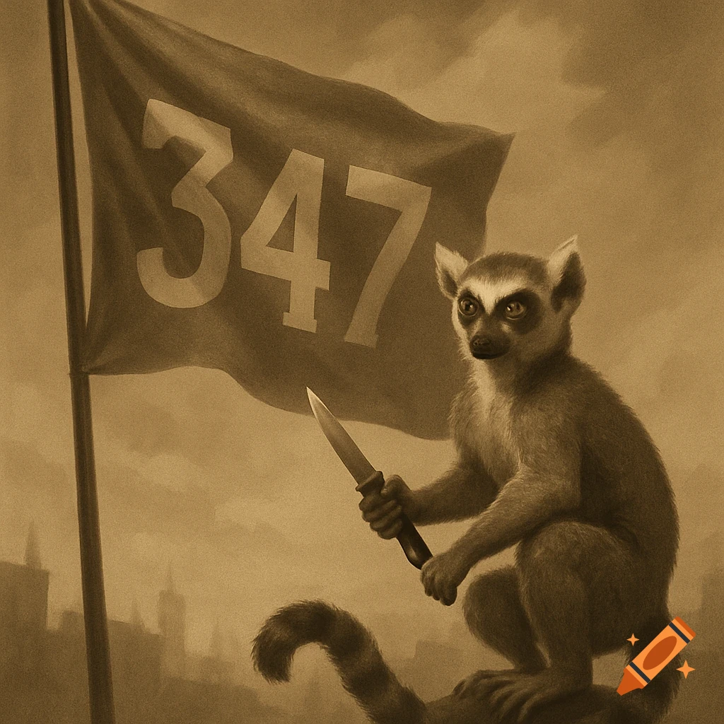 Sepia-toned illustration of a lemur holding a knife in front of a flag with '347' on it.