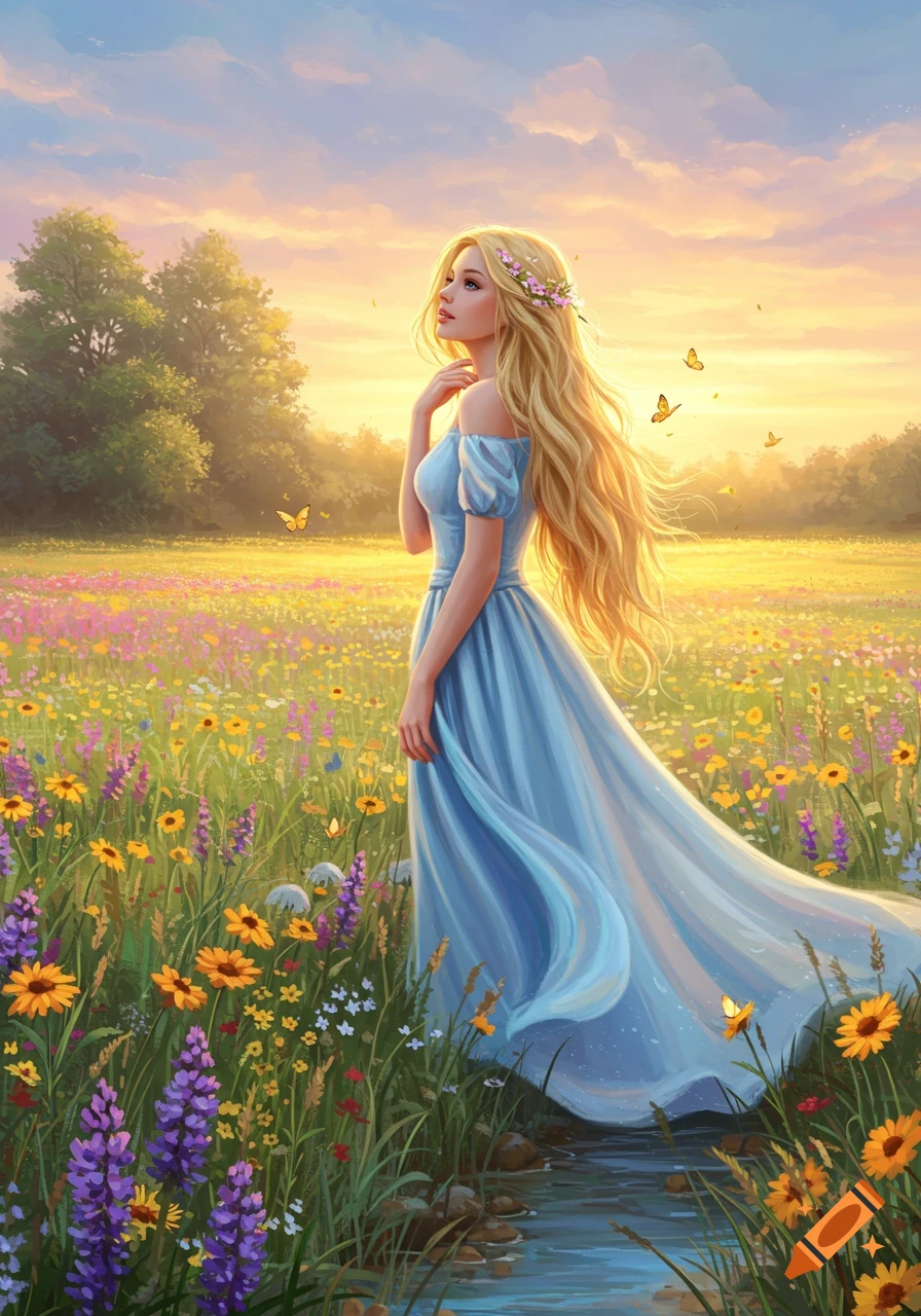 A beautiful blond woman in a flowing blue dress stands in a vibrant wildflower field at sunset, looking upwards. Painterly style.