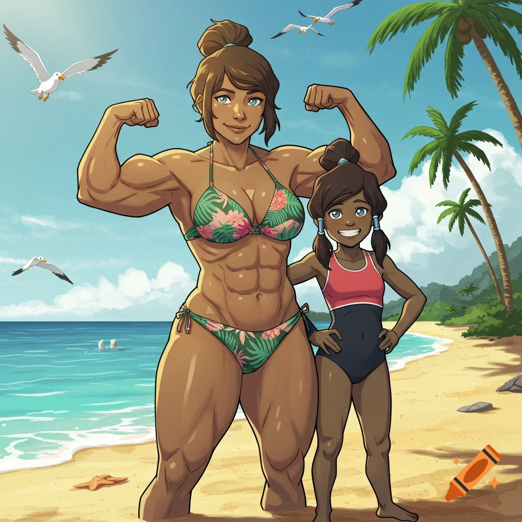 Cartoon of muscular Korra's mom flexing in a bikini next to Korra on a sunny beach with palm trees.