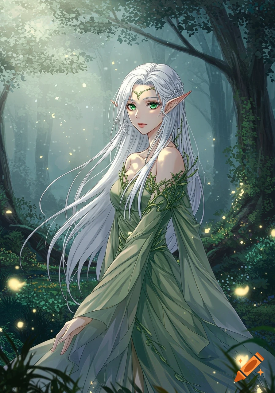 An anime-style elf woman with long white hair and green eyes, wearing a green leafy dress, stands in a magical forest with glowing lights.