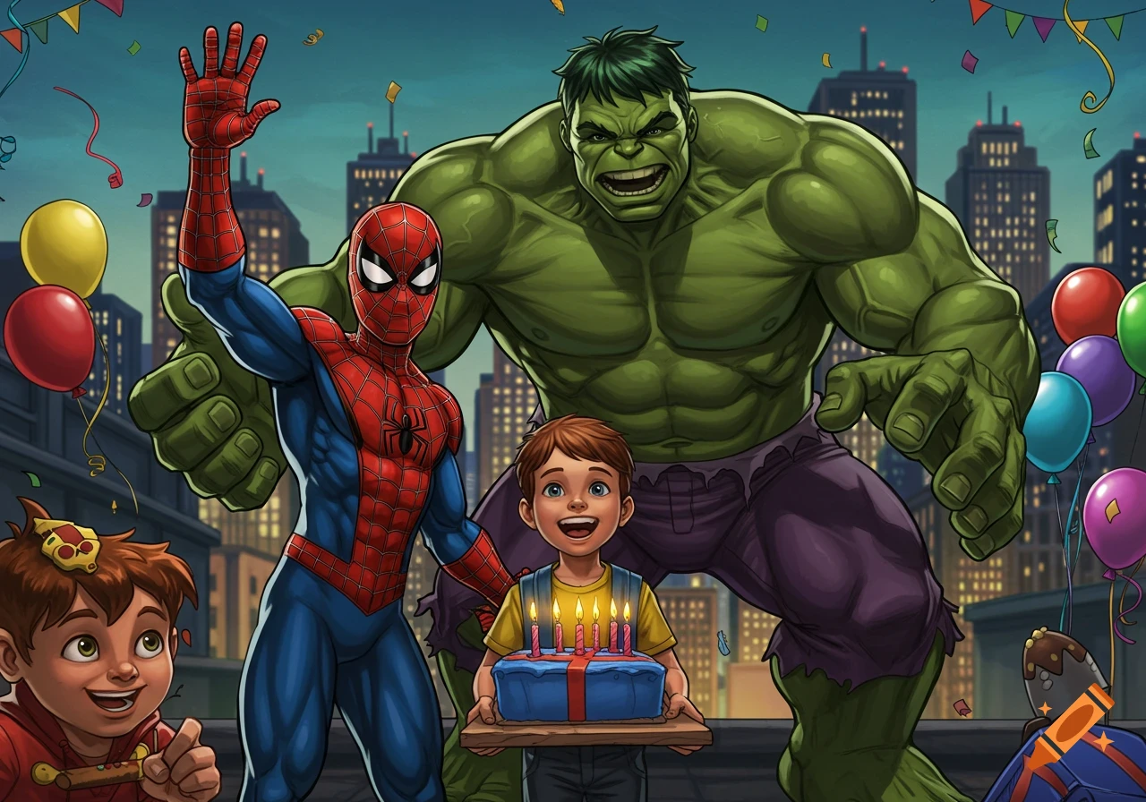 Spider-Man and Hulk celebrate a birthday with two boys on a city rooftop in a comic book art style. One boy holds a birthday cake.
