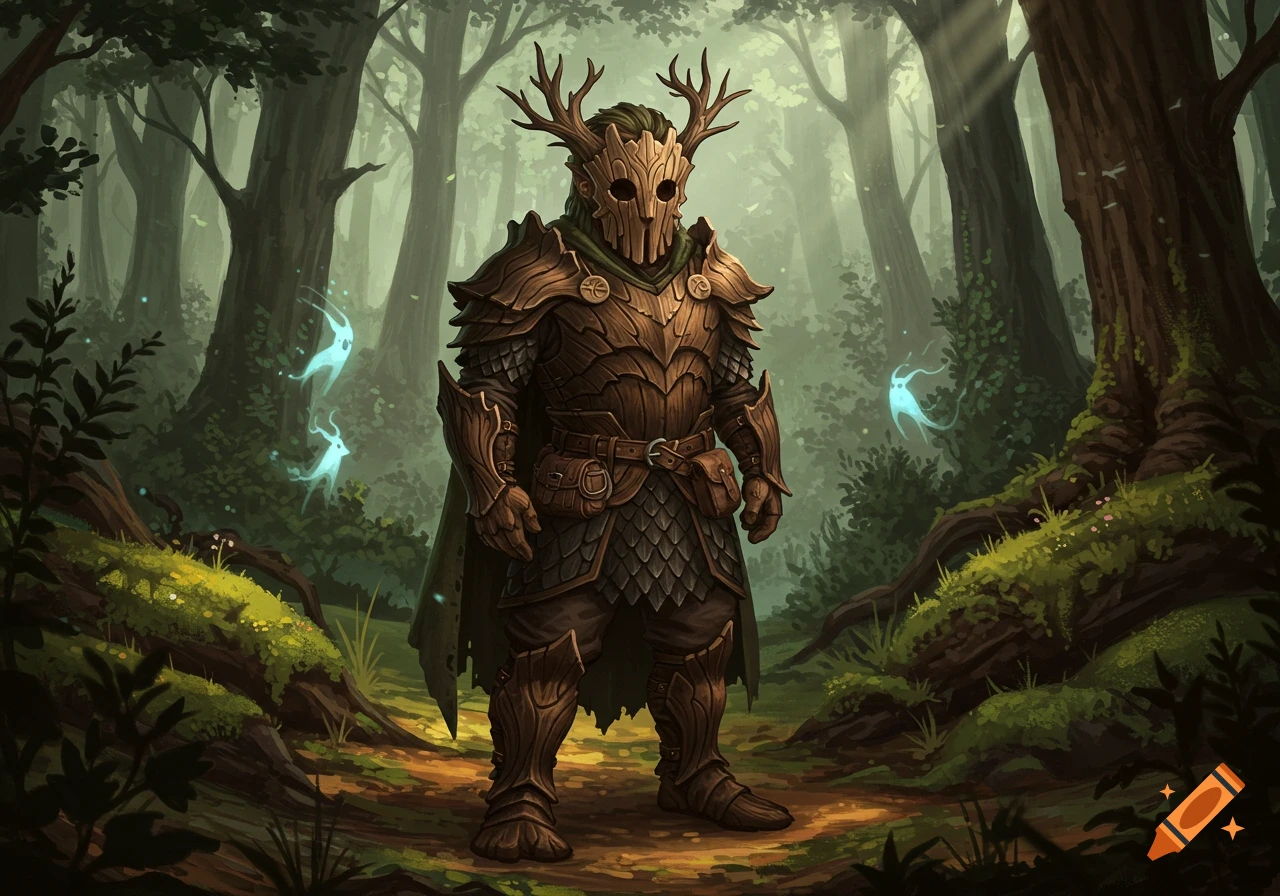 A fantasy illustration of a masked forest guardian in wooden armor with antlers standing in a sun-dappled forest with glowing spirits.