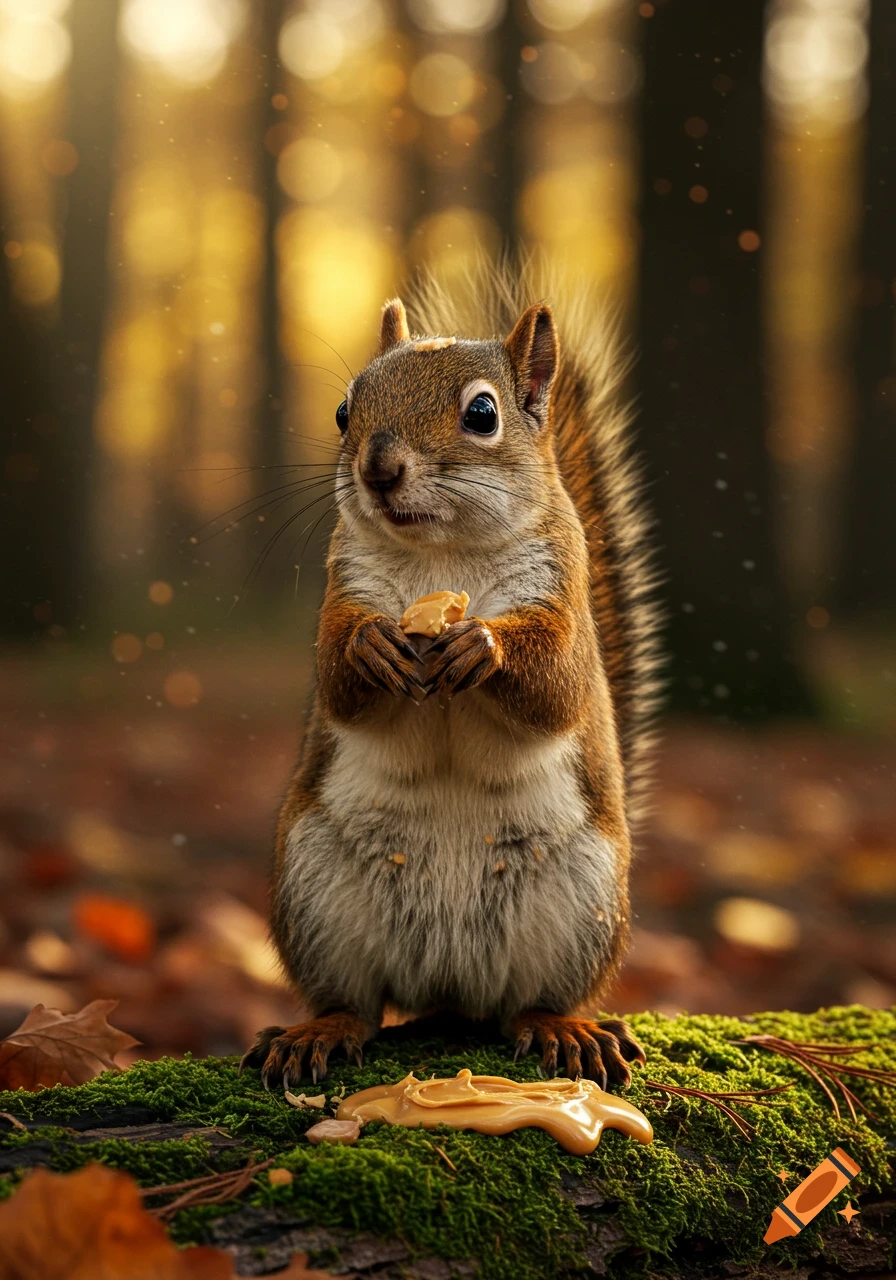 A close-up, photorealistic image of a squirrel holding a piece of peanut butter and standing on a mossy log in a sunlit forest.