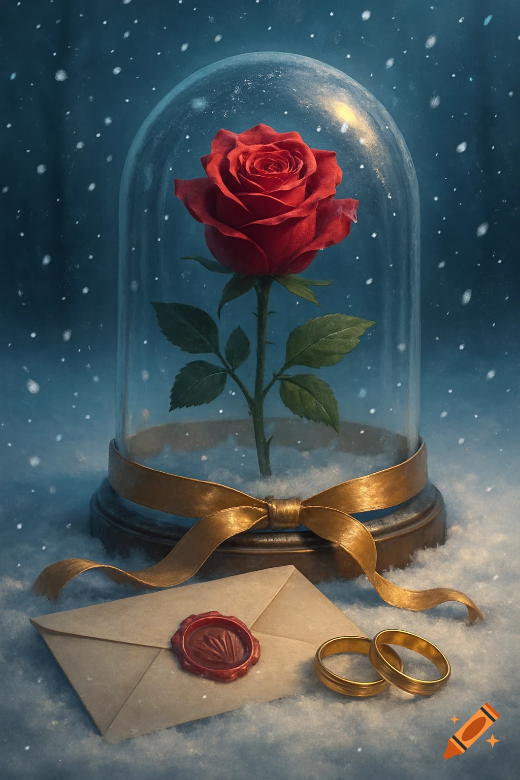 A red rose in a glass dome with a gold ribbon, surrounded by snow. An unopened letter with a wax seal and two gold wedding rings rest on the snow.