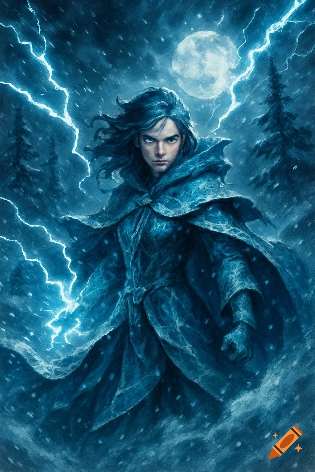 A cloaked figure with dark hair stands in a snowstorm with lightning and a full moon.