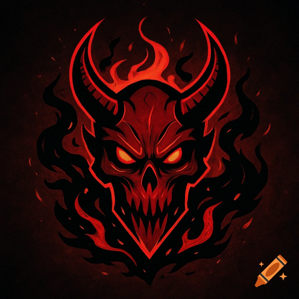 A stylized red and black demon skull logo with large horns and fiery red eyes, surrounded by black smoke and red flames.