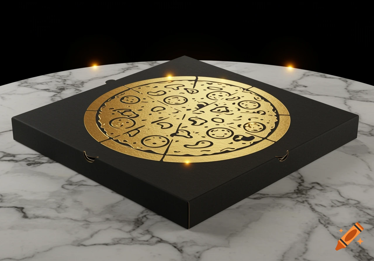 A black pizza box with a golden metallic relief of a pizza design, sitting on a marble table.