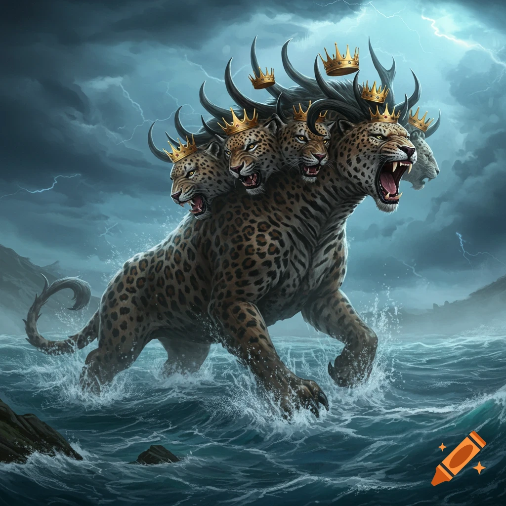 A multi-headed leopard-like beast with crowns and horns rises from a stormy sea under a lightning-filled sky.