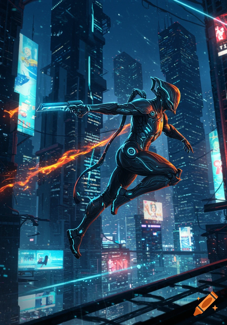 An armored futuristic figure leaps through a neon-lit cyberpunk city, holding a glowing energy weapon.