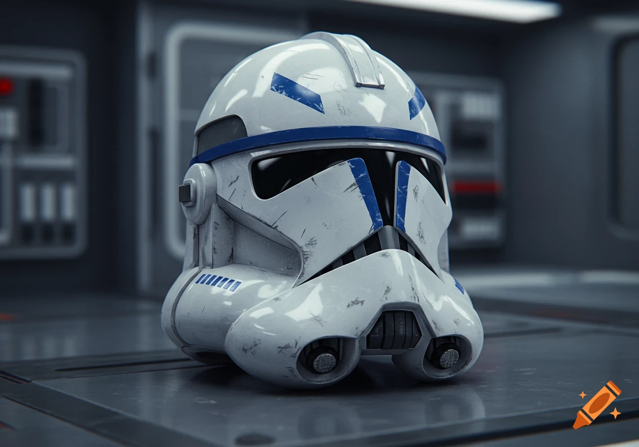 A detailed CG image of a white and blue clone trooper helmet from Star Wars, with scratches, on a reflective surface.