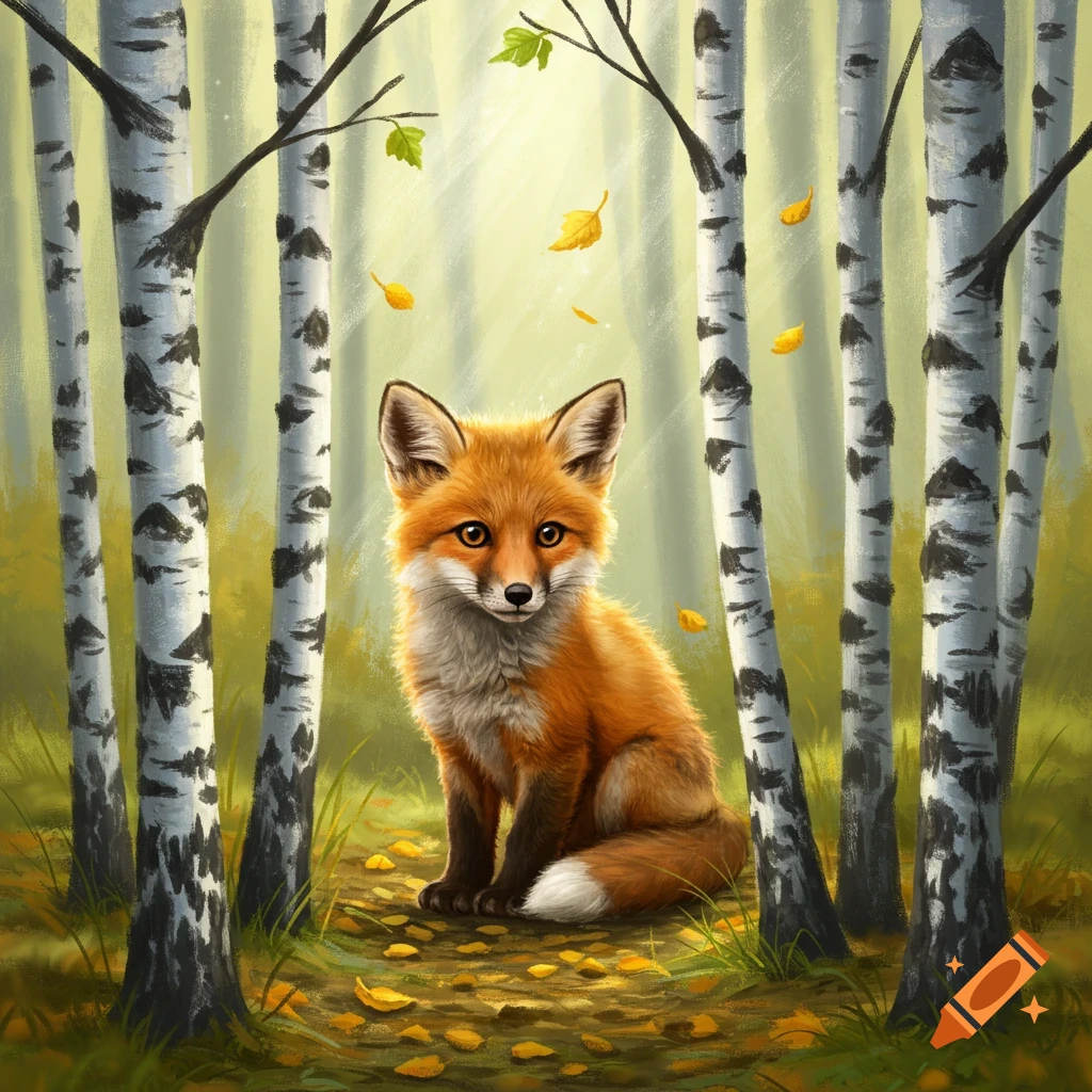 A cute orange fox sits among white birch trees with fallen yellow leaves in a sunny forest illustration.