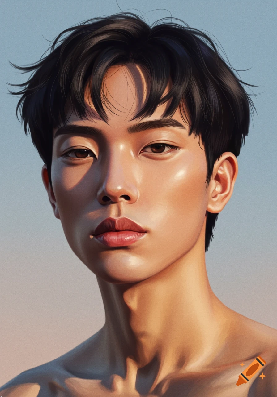 Close-up digital art portrait of a young man with dark hair and bright eyes, featuring glowing skin against a soft gradient background.
