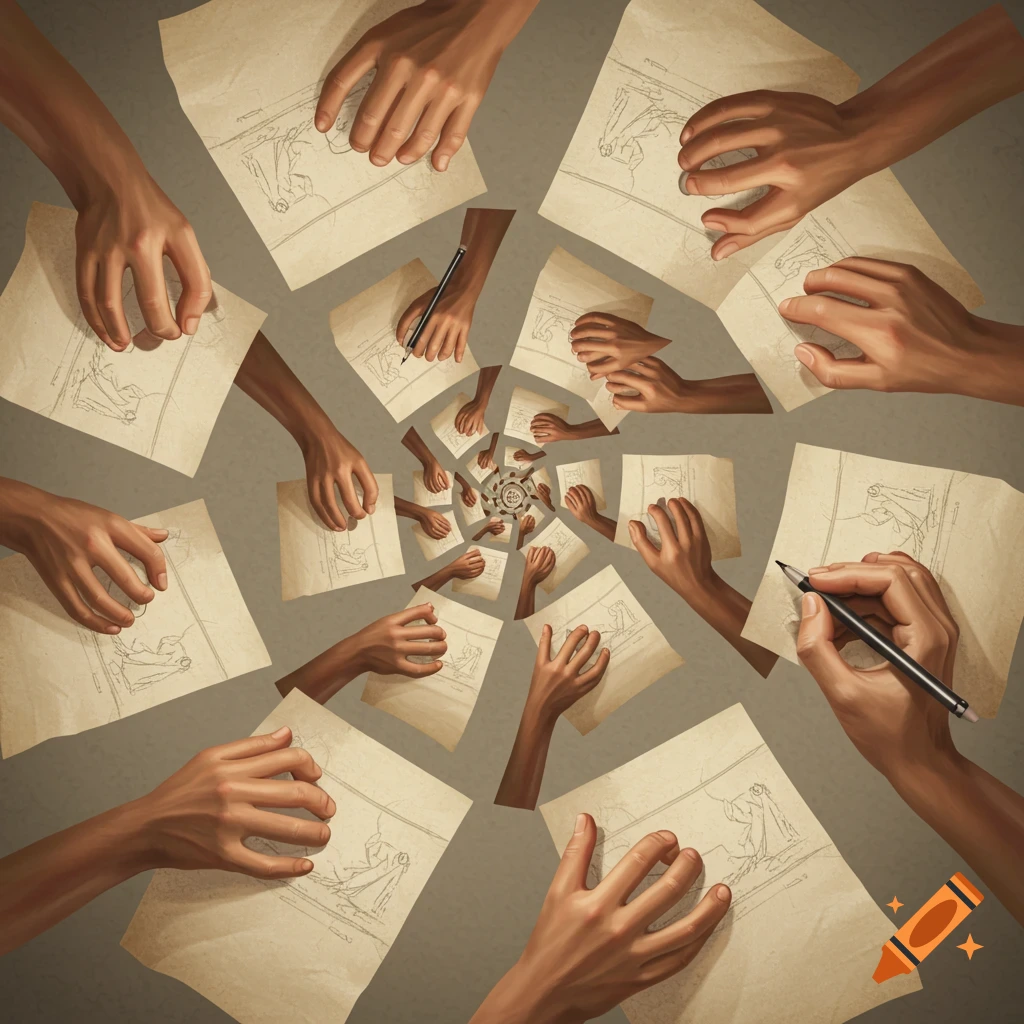 Multiple hands in a spiral, some holding papers with faint sketches, creating a recursive art concept.