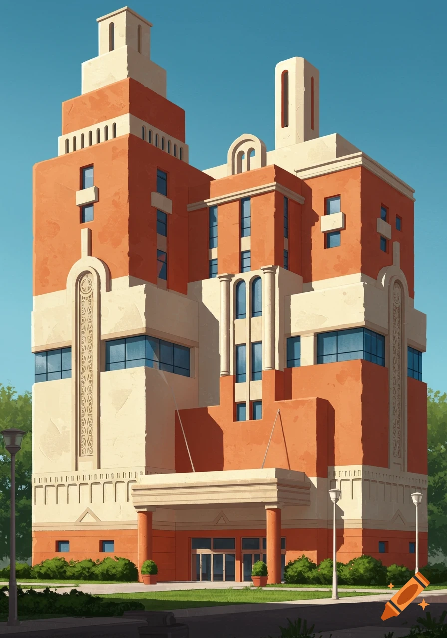 A postmodern building with orange and beige geometric sections, blue windows, and a clear blue sky background.