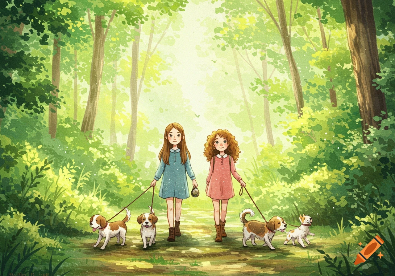 Watercolor illustration of two girls walking their four dogs in a sunny green forest.
