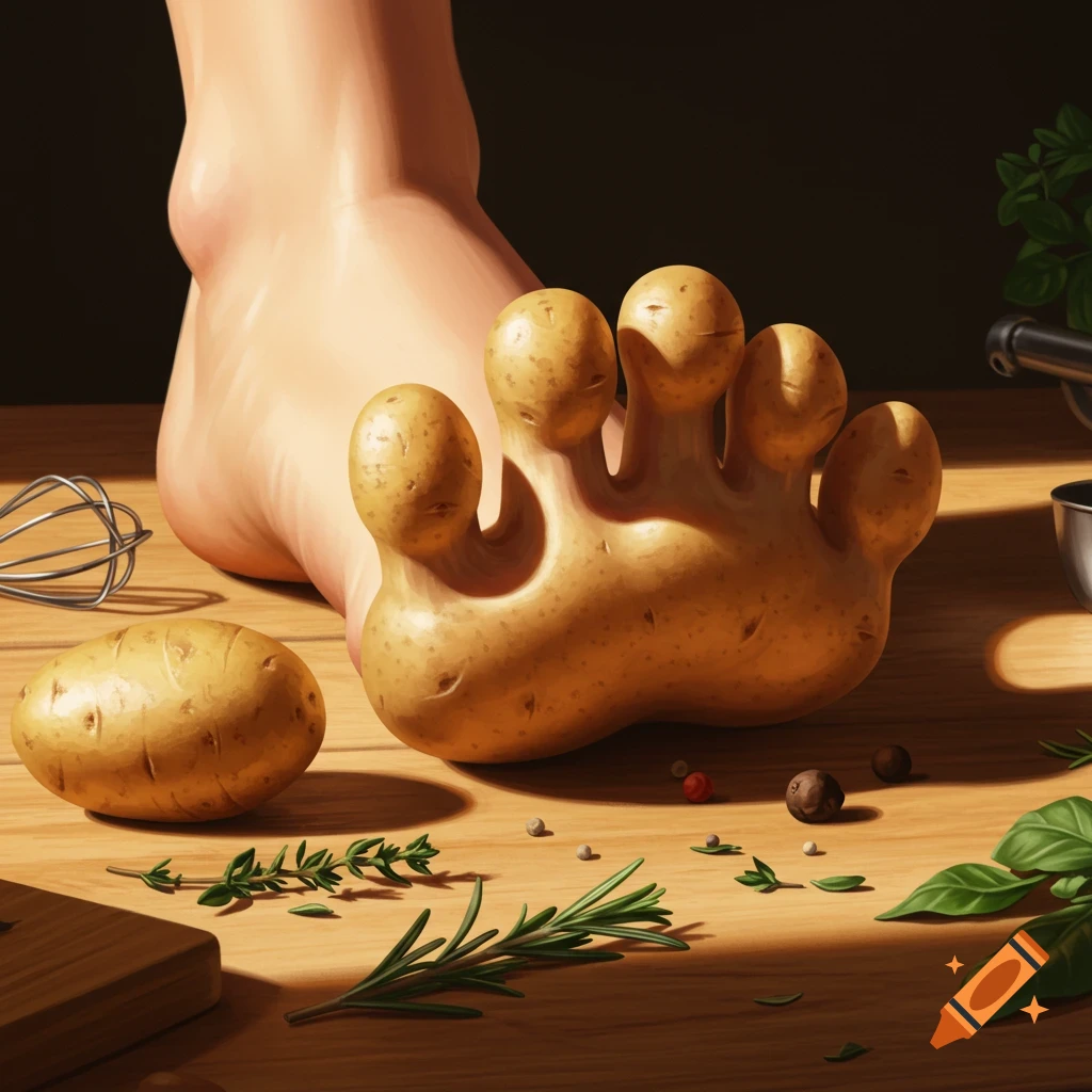 A human foot with five potato toes on a wooden kitchen counter, surrounded by herbs and spices.