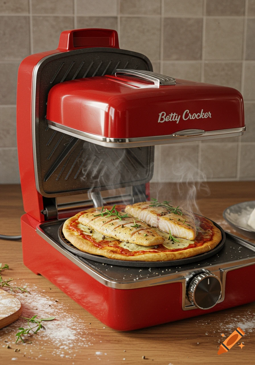 A red Betty Crocker pizza maker with two pieces of baked fish on a pizza inside, with steam rising.