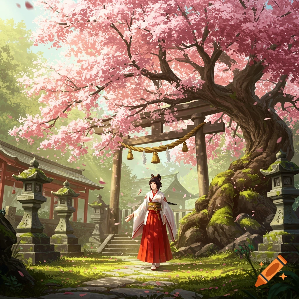 An anime-style image of a Miko, a traditional Japanese shrine maiden, walking on a stone path beneath a large cherry blossom tree and torii gate, with a shrine building in the background.