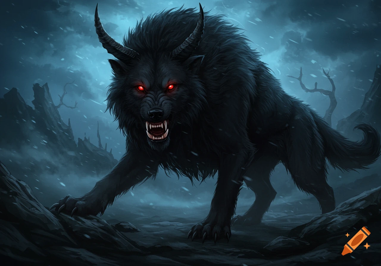 A black wolf-like monster with glowing red eyes, sharp teeth, and horns stands aggressively in a snowy, dark landscape.