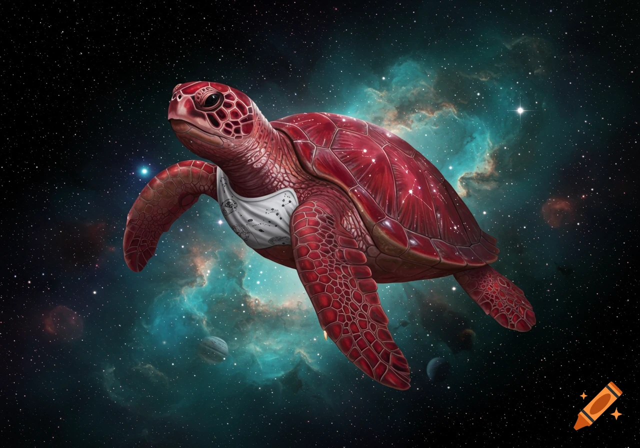 A red turtle wearing a white t-shirt with a faint pattern floats through deep space, with a bright turquoise and purple nebula behind it.