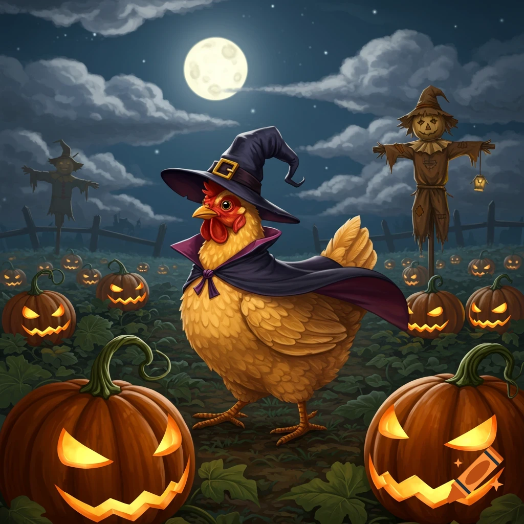A cartoon chicken wearing a witch hat and cape stands in a pumpkin patch under a full moon, with scarecrows in the background.