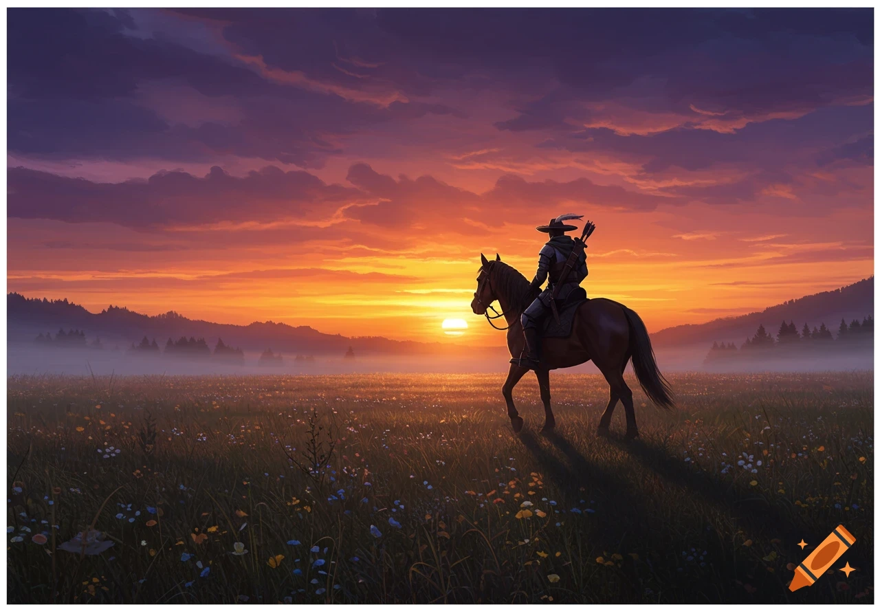 A ranger on horseback silhouetted against a vibrant sunset over a misty field of wildflowers.